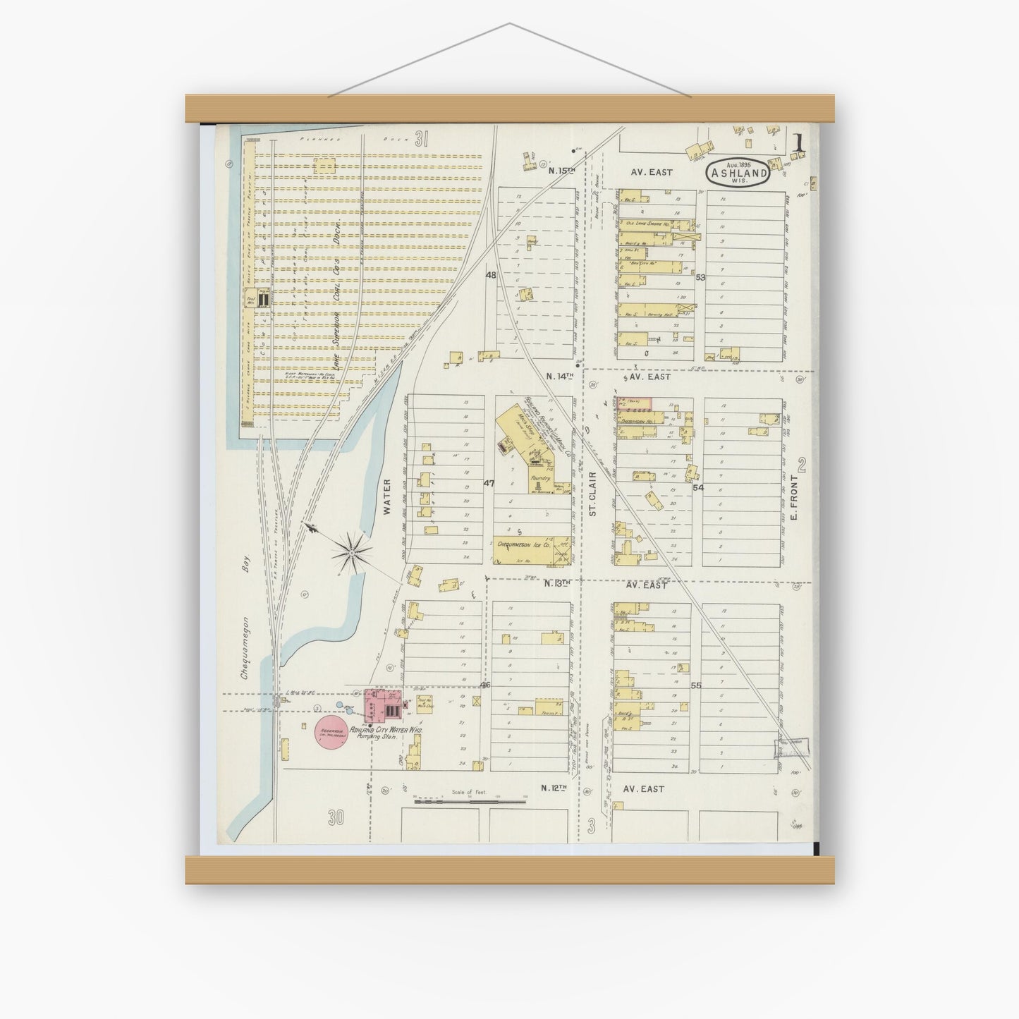Old map wall art mockup — magnetic wood frame on white wall — Sanborn Fire Insurance Map from Ashland, Ashland County, Wisconsin (1895) - Complete Map Set