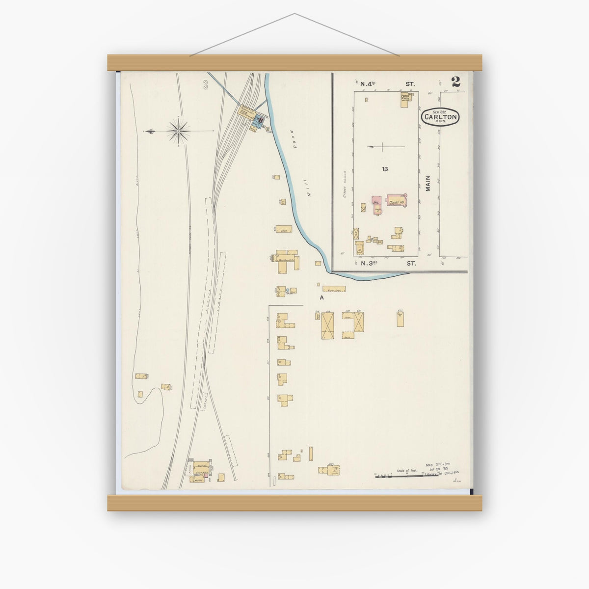 Old map wall art mockup — magnetic wood frame on white wall — Sanborn Fire Insurance Map from Carlton, Carlton County, Minnesota (1892), Sheet #0002