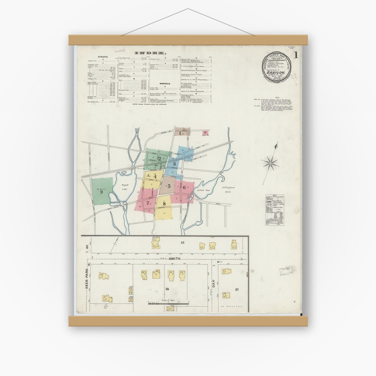 Old map wall art mockup — magnetic wood frame on white wall — Sanborn Fire Insurance Map from Babylon, Suffolk County, New York (1897), Sheet #0001