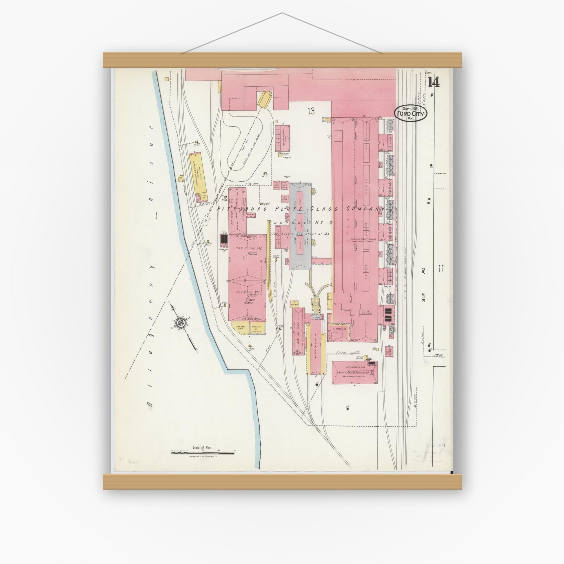 Old map wall art mockup — magnetic wood frame on white wall — Sanborn Fire Insurance Map from Ford City, Armstrong County, Pennsylvania (1921), Sheet #0014