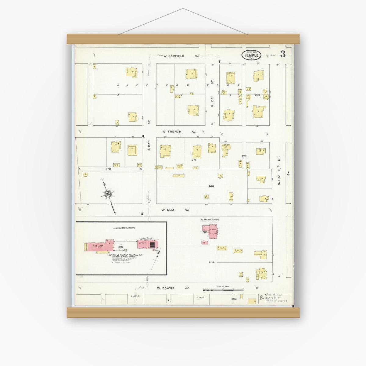 Old map wall art mockup — magnetic wood frame on white wall — Sanborn Fire Insurance Map from Temple, Bell County, Texas (1915), Sheet #0003