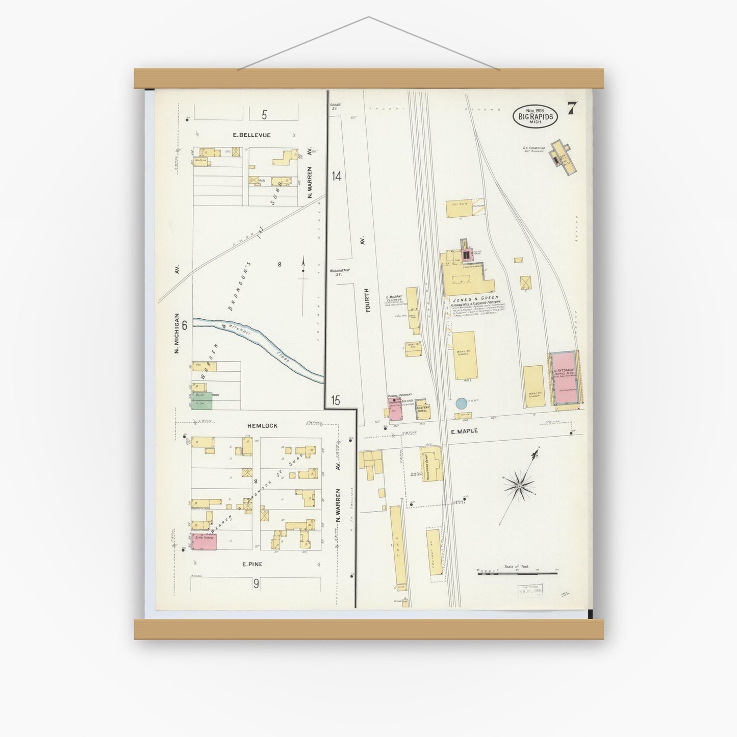 Old map wall art mockup — magnetic wood frame on white wall — Sanborn Fire Insurance Map from Big Rapids, Mecosta County, Michigan (1908), Sheet #0007
