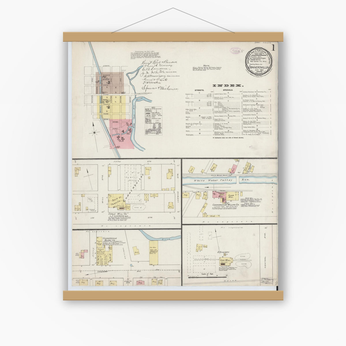 Old map wall art mockup — magnetic wood frame on white wall — Sanborn Fire Insurance Map from Connersville, Fayette County, Indiana (1887) - Complete Map Set