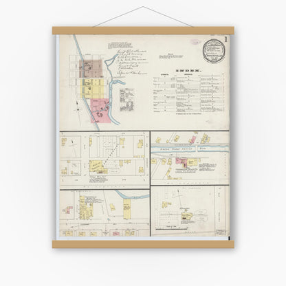 Old map wall art mockup — magnetic wood frame on white wall — Sanborn Fire Insurance Map from Connersville, Fayette County, Indiana (1887) - Complete Map Set