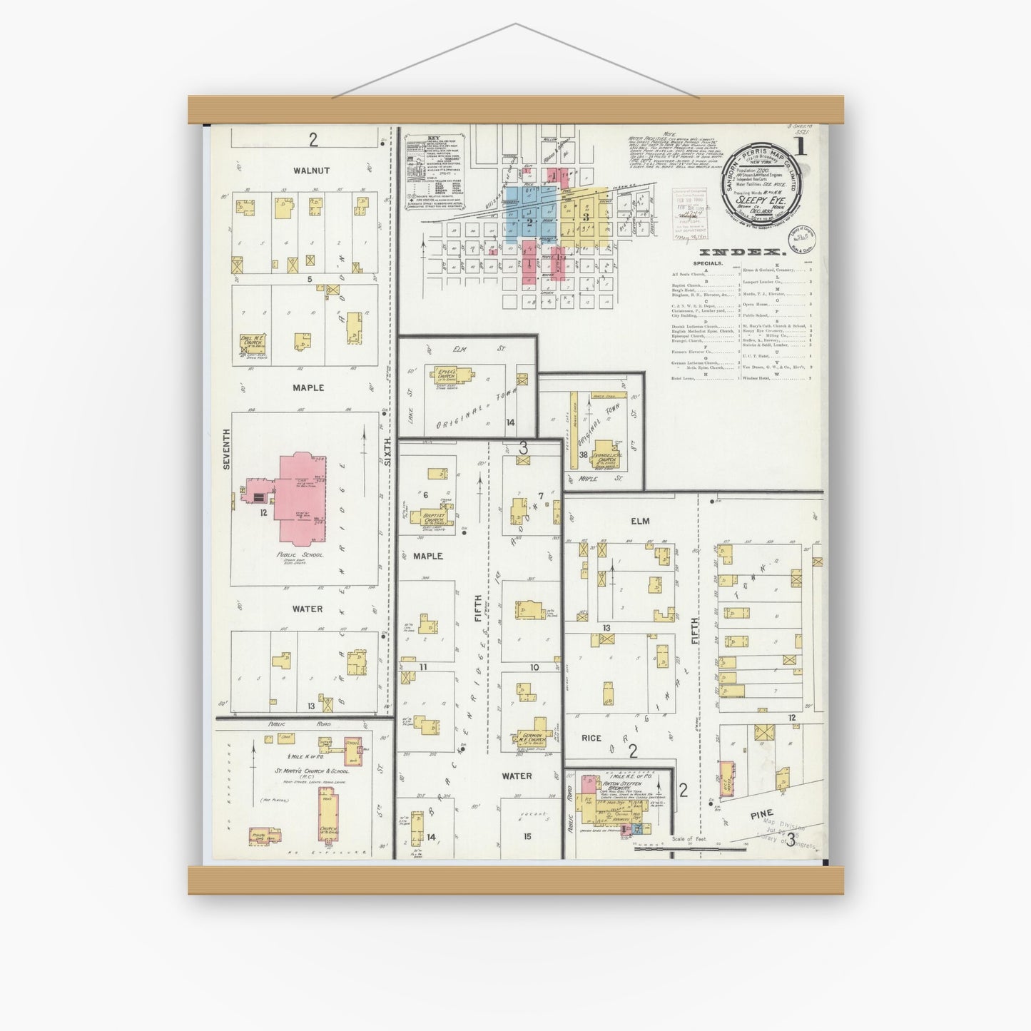 Old map wall art mockup — magnetic wood frame on white wall — Sanborn Fire Insurance Map from Sleepy Eye, Brown County, Minnesota (1899) - Complete Map Set