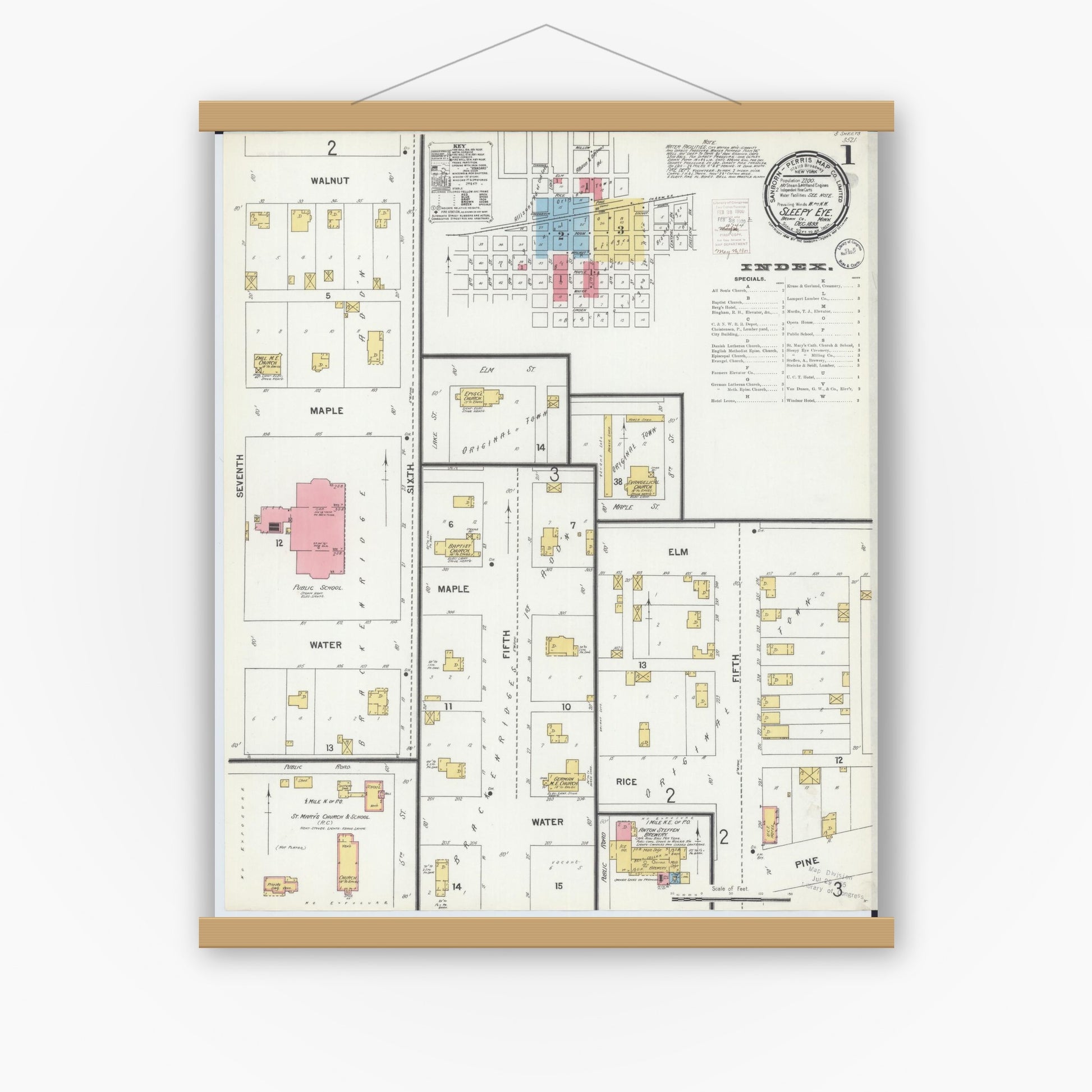 Old map wall art mockup — magnetic wood frame on white wall — Sanborn Fire Insurance Map from Sleepy Eye, Brown County, Minnesota (1899) - Complete Map Set