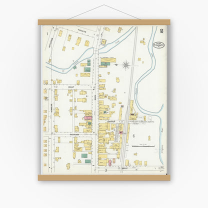 Old map wall art mockup — magnetic wood frame on white wall — Sanborn Fire Insurance Map from Tidioute, Warren County, Pennsylvania (1900), Sheet #0002