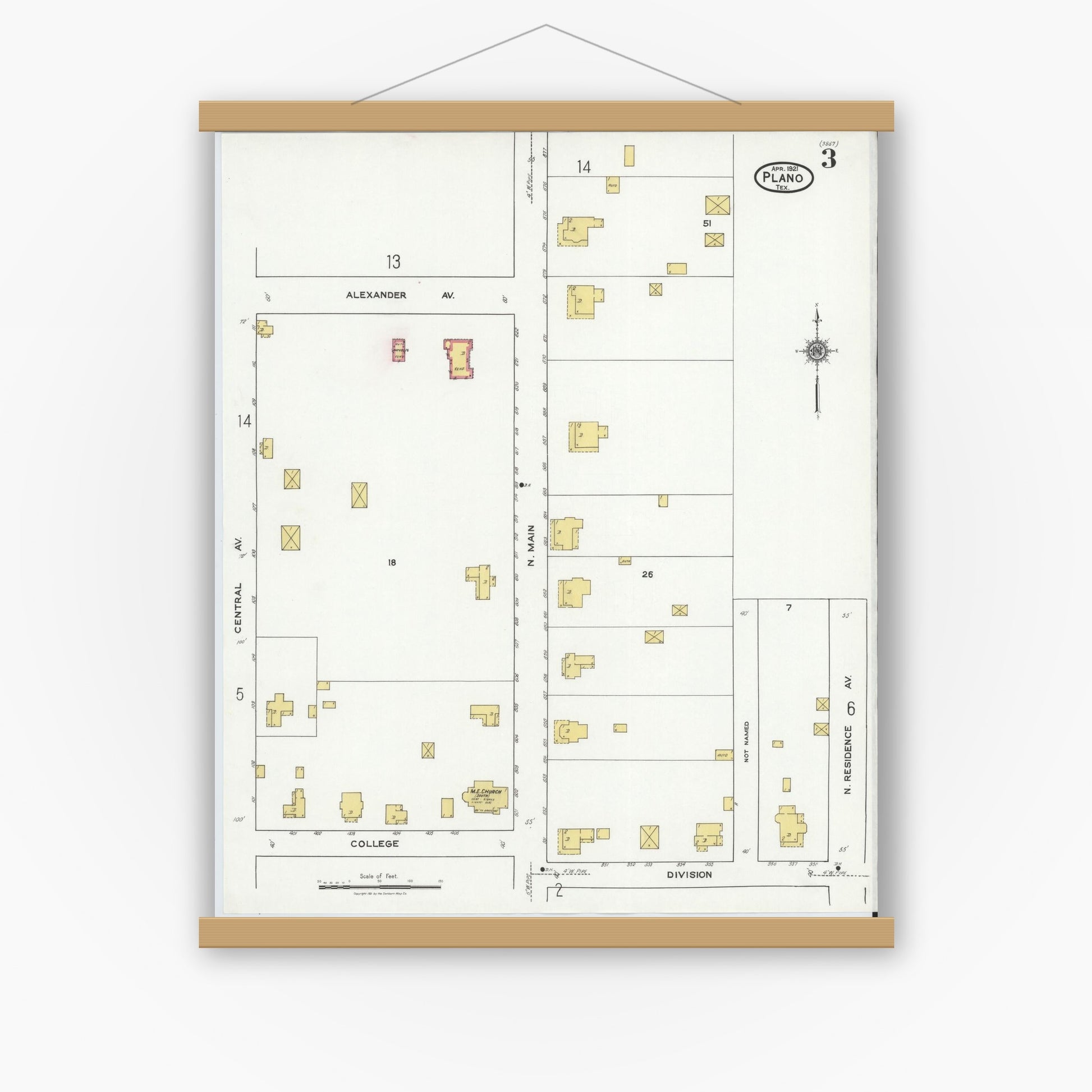 Old map wall art mockup — magnetic wood frame on white wall — Sanborn Fire Insurance Map from Plano, Collin County, Texas (1921), Sheet #0003