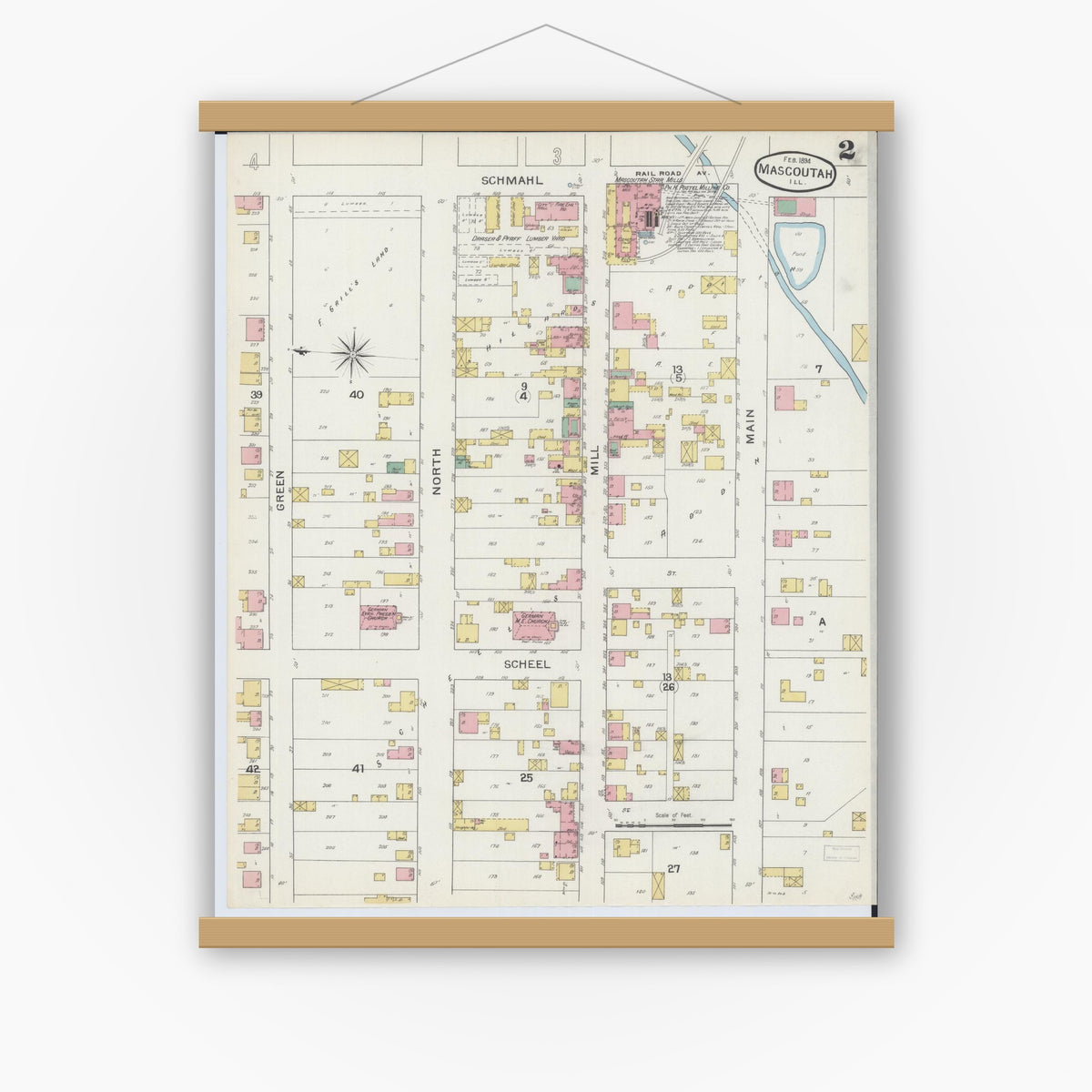 Old map wall art mockup — magnetic wood frame on white wall — Sanborn Fire Insurance Map from Mascoutah, Saint Clair County, Illinois (1894), Sheet #0002