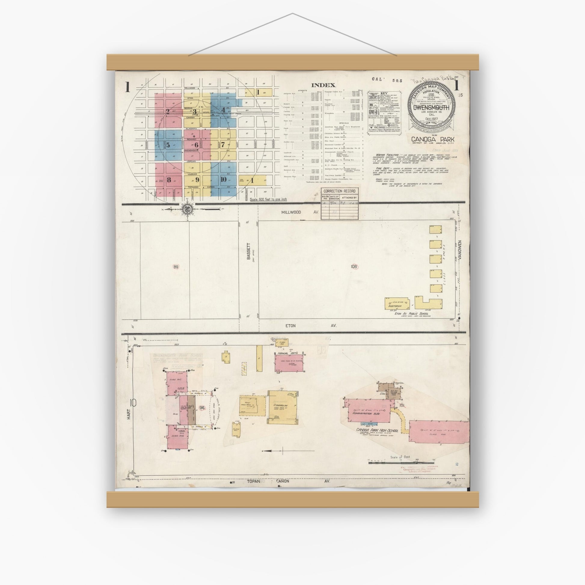 Old map wall art mockup — magnetic wood frame on white wall — Sanborn Fire Insurance Map from Canoga Park, Los Angeles County, California (1932), Sheet #0001