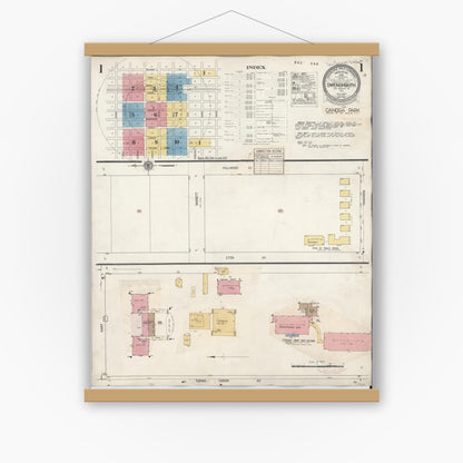 Old map wall art mockup — magnetic wood frame on white wall — Sanborn Fire Insurance Map from Canoga Park, Los Angeles County, California (1932), Sheet #0001