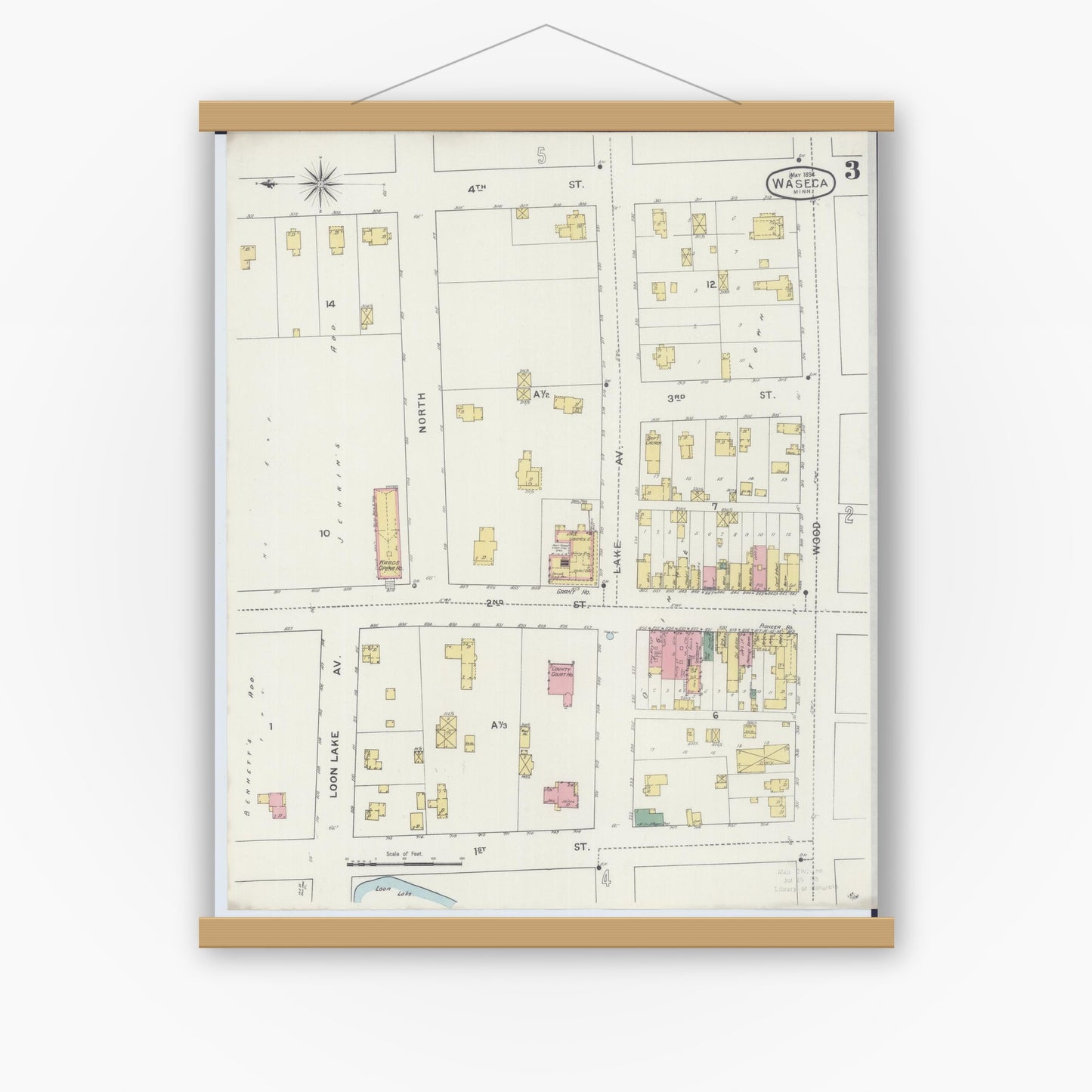 Old map wall art mockup — magnetic wood frame on white wall — Sanborn Fire Insurance Map from Waseca, Waseca County, Minnesota (1894), Sheet #0003