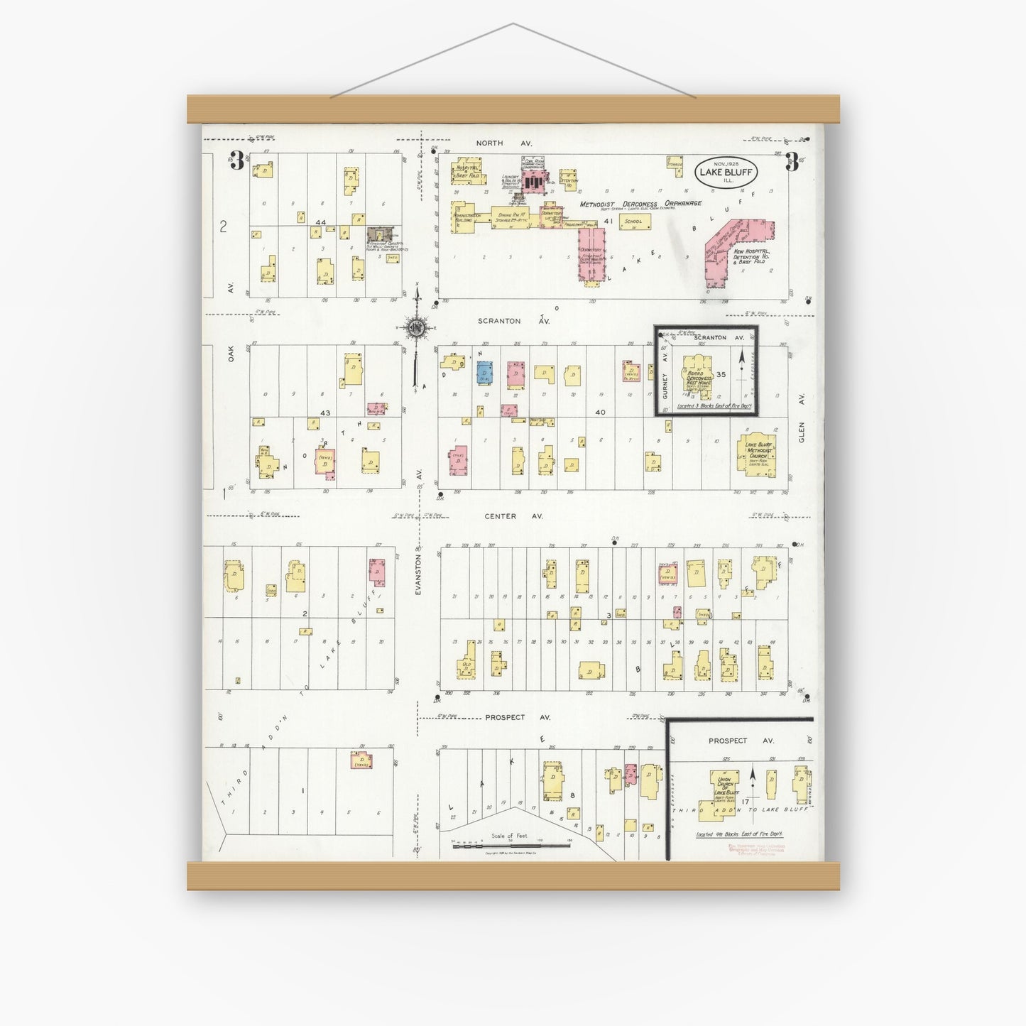 Old map wall art mockup — magnetic wood frame on white wall — Sanborn Fire Insurance Map from Lake Bluff, Lake County, Illinois (1928), Sheet #0003