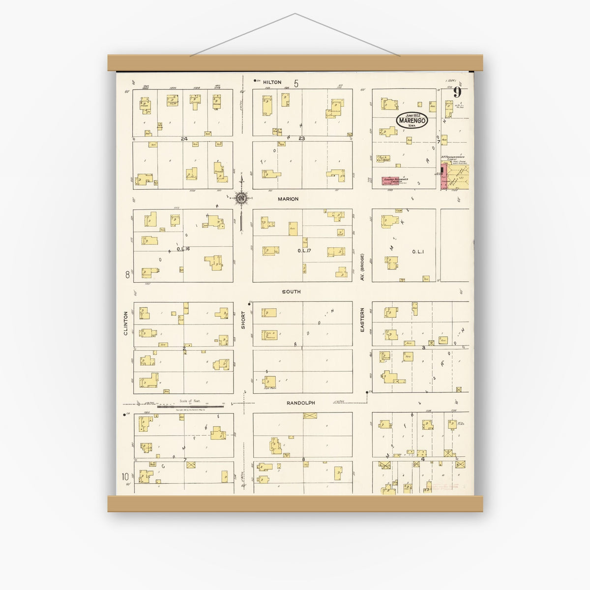 Old map wall art mockup — magnetic wood frame on white wall — Sanborn Fire Insurance Map from Marengo, Iowa County, Iowa (1922), Sheet #0009