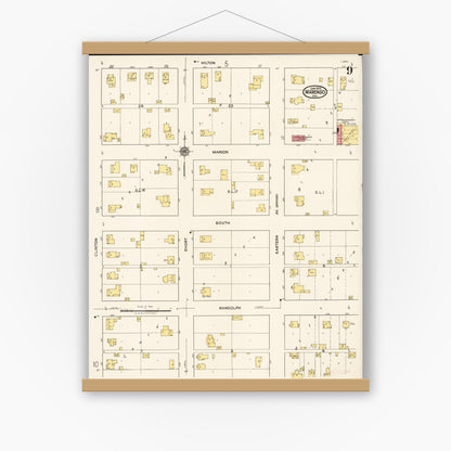 Old map wall art mockup — magnetic wood frame on white wall — Sanborn Fire Insurance Map from Marengo, Iowa County, Iowa (1922), Sheet #0009