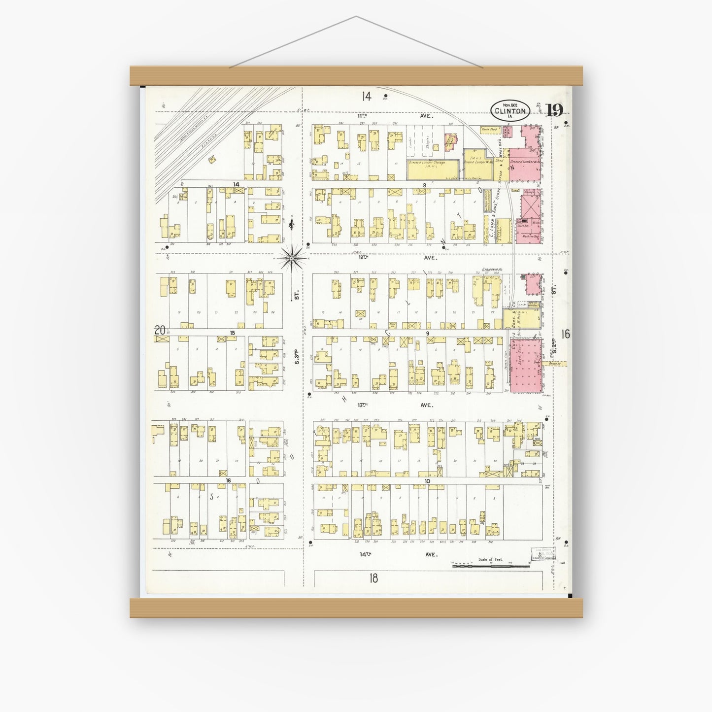 Old map wall art mockup — magnetic wood frame on white wall — Sanborn Fire Insurance Map from Clinton, Clinton County, Iowa (1902), Sheet #0019