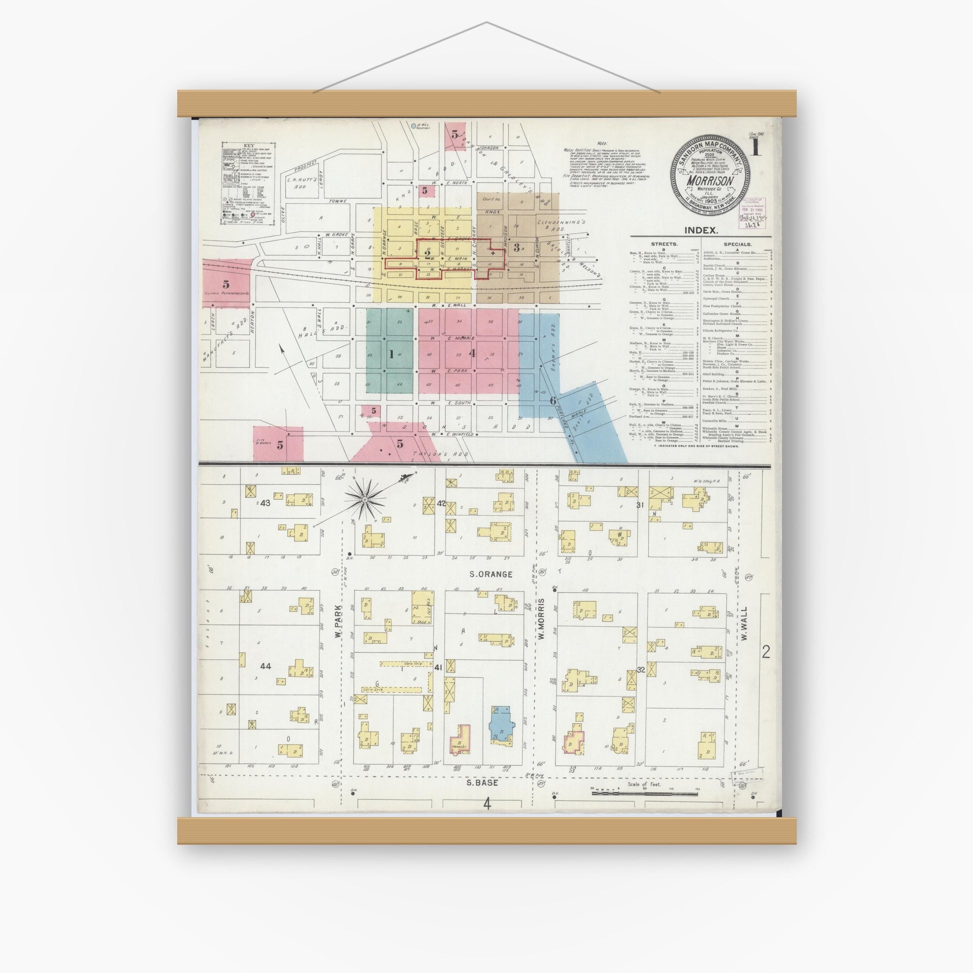Old map wall art mockup — magnetic wood frame on white wall — Sanborn Fire Insurance Map from Morrison, Whiteside County, Illinois (1903) - Complete Map Set