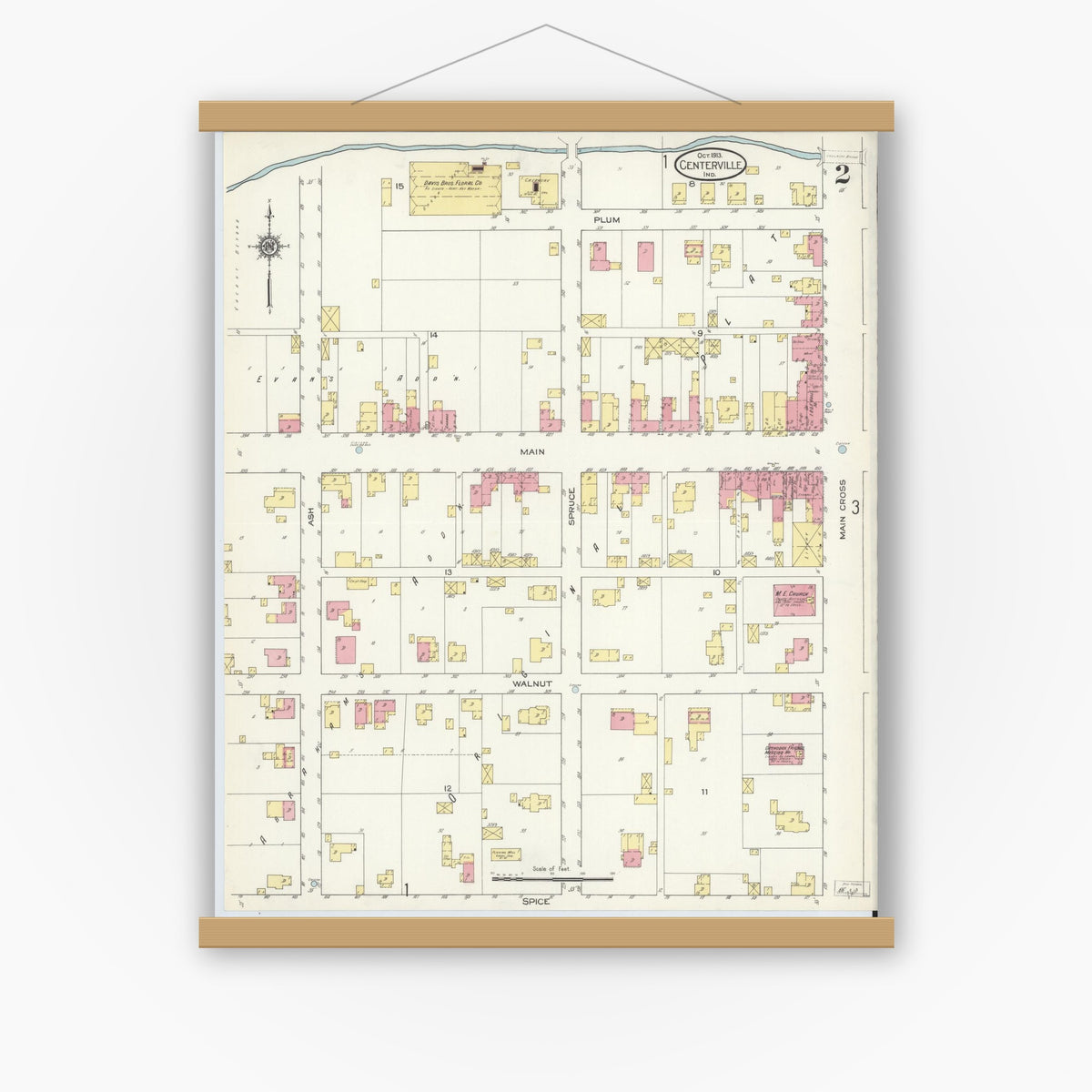 Old map wall art mockup — magnetic wood frame on white wall — Sanborn Fire Insurance Map from Centerville, Wayne County, Indiana (1913), Sheet #0002