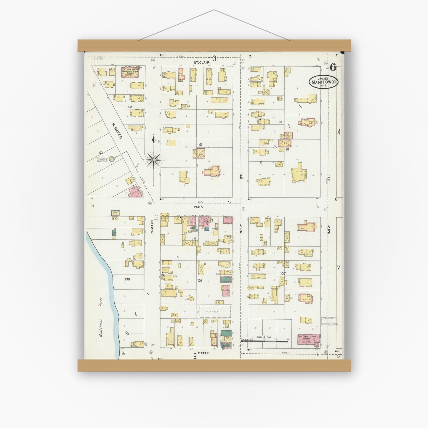 Old map wall art mockup — magnetic wood frame on white wall — Sanborn Fire Insurance Map from Manitowoc, Manitowoc County, Wisconsin (1906), Sheet #0006