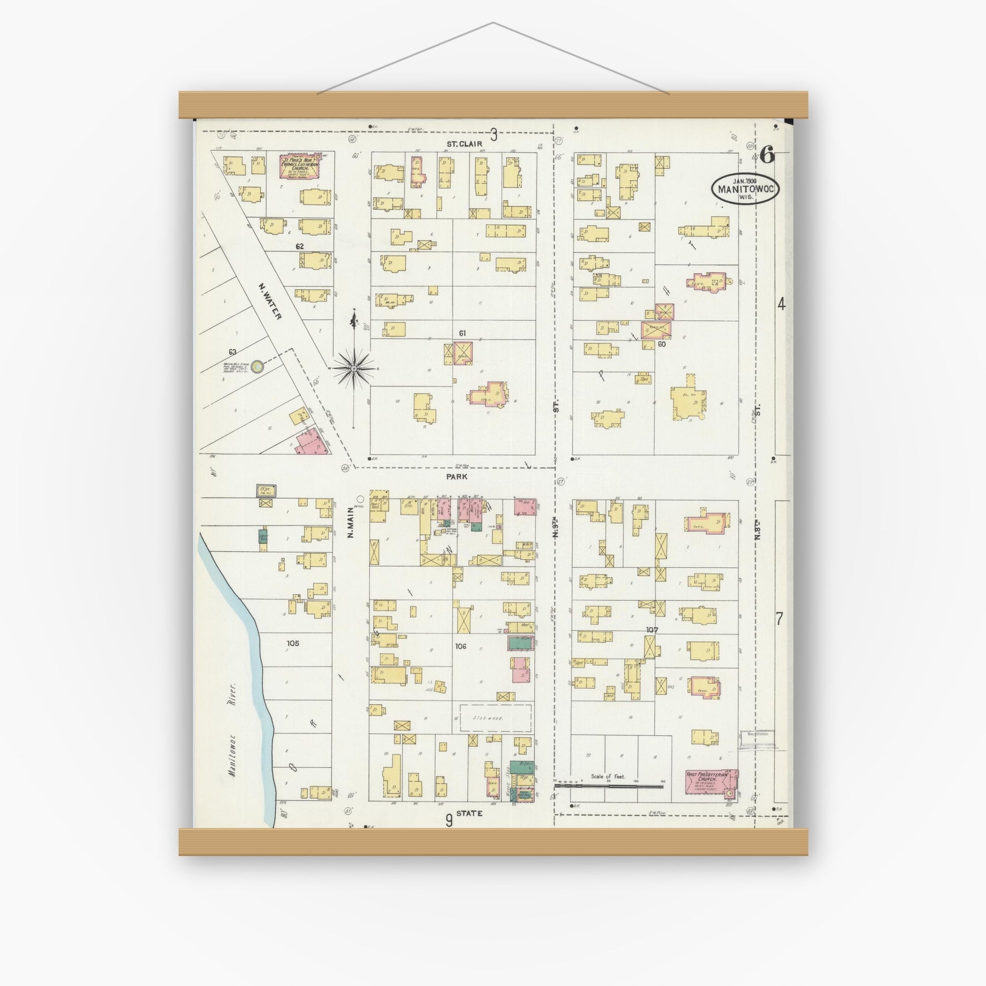 Old map wall art mockup — magnetic wood frame on white wall — Sanborn Fire Insurance Map from Manitowoc, Manitowoc County, Wisconsin (1906), Sheet #0006