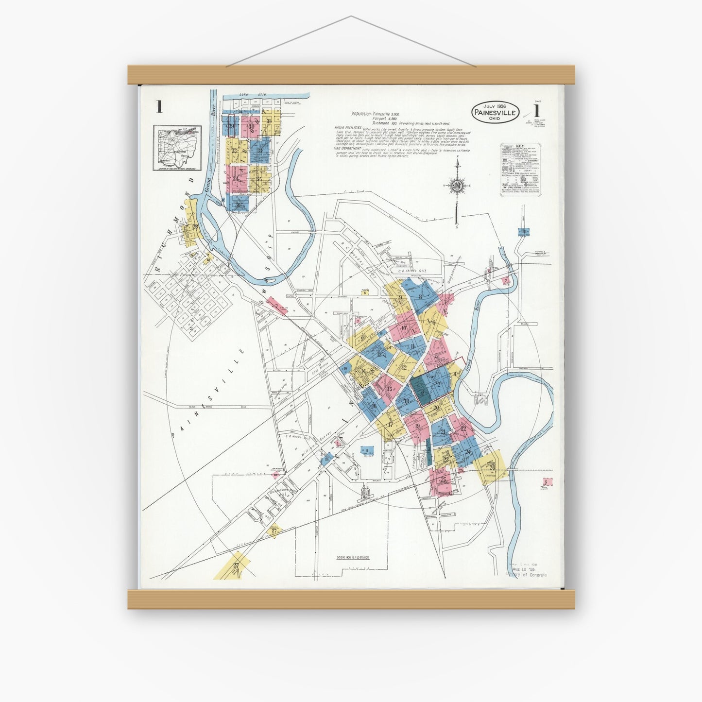 Old map wall art mockup — magnetic wood frame on white wall — Sanborn Fire Insurance Map from Painesville, Lake County, Ohio (1926) - Complete Map Set