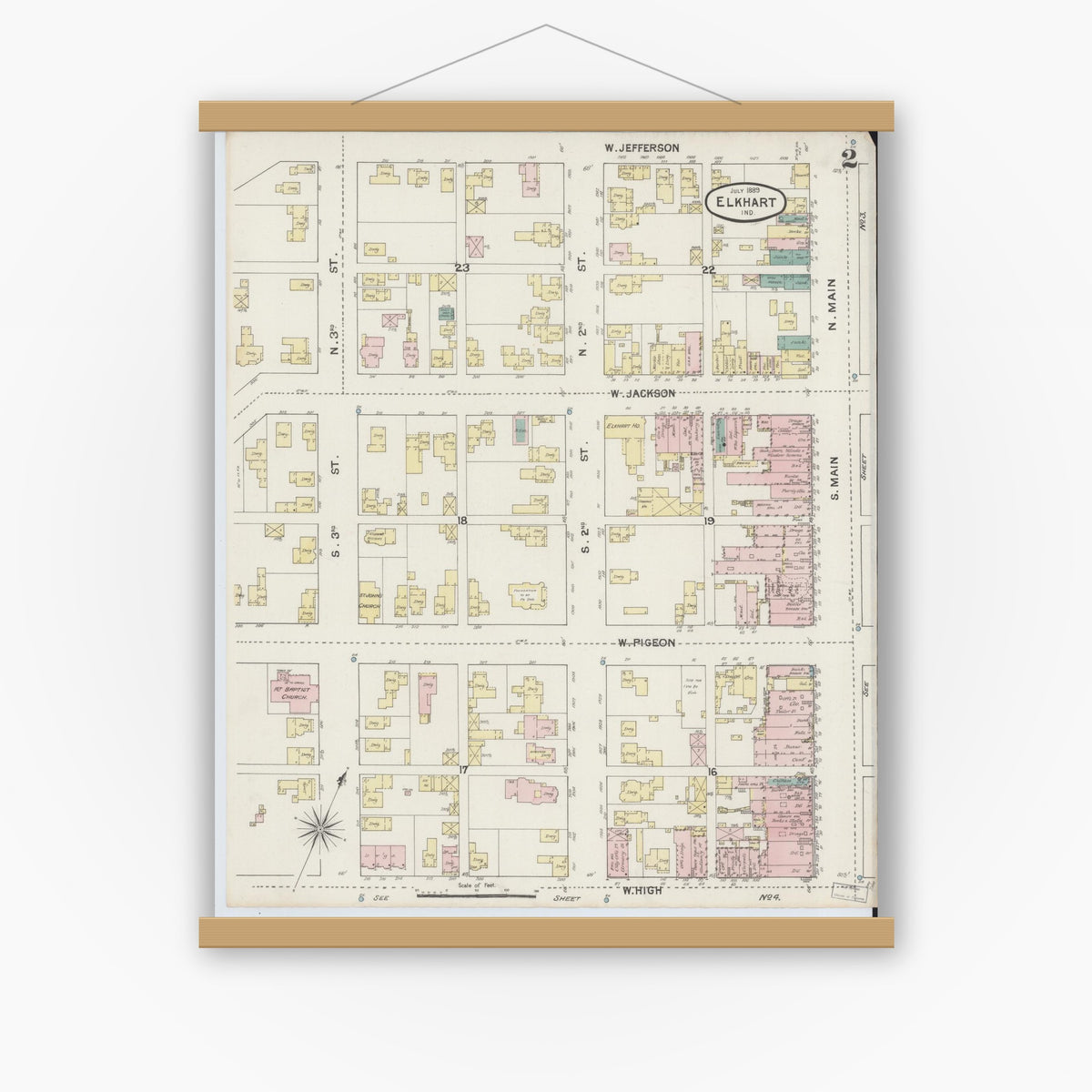 Old map wall art mockup — magnetic wood frame on white wall — Sanborn Fire Insurance Map from Elkhart, Elkhart County, Indiana (1889), Sheet #0002