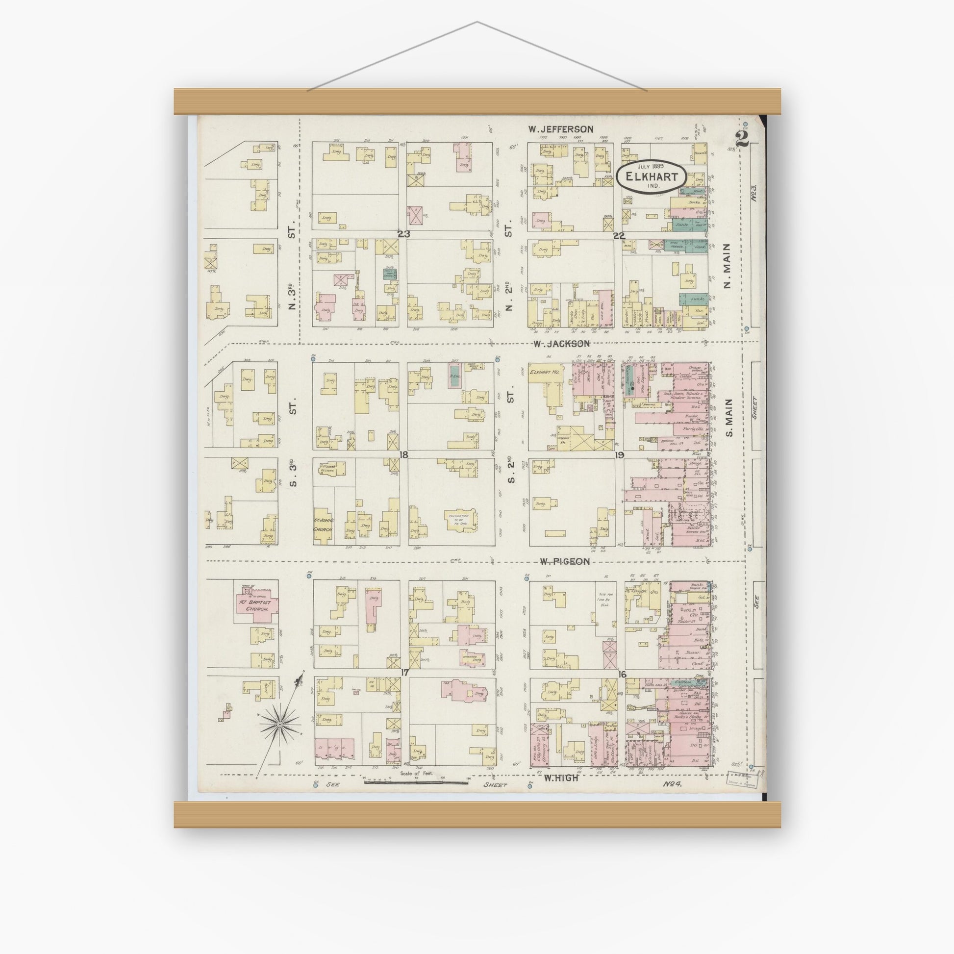 Old map wall art mockup — magnetic wood frame on white wall — Sanborn Fire Insurance Map from Elkhart, Elkhart County, Indiana (1889), Sheet #0002