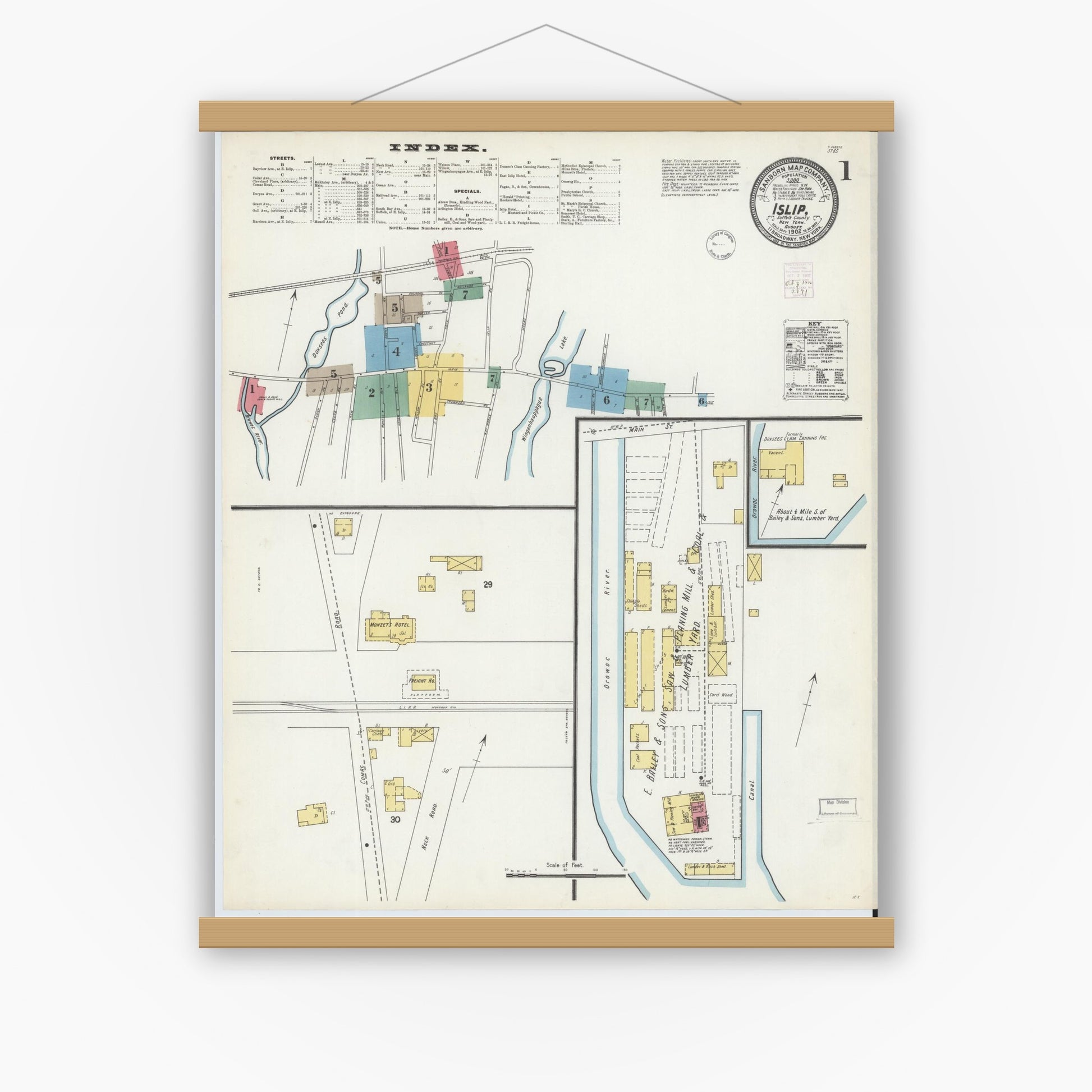 Old map wall art mockup — magnetic wood frame on white wall — Sanborn Fire Insurance Map from Islip, Suffolk County, New York (1902), Sheet #0001