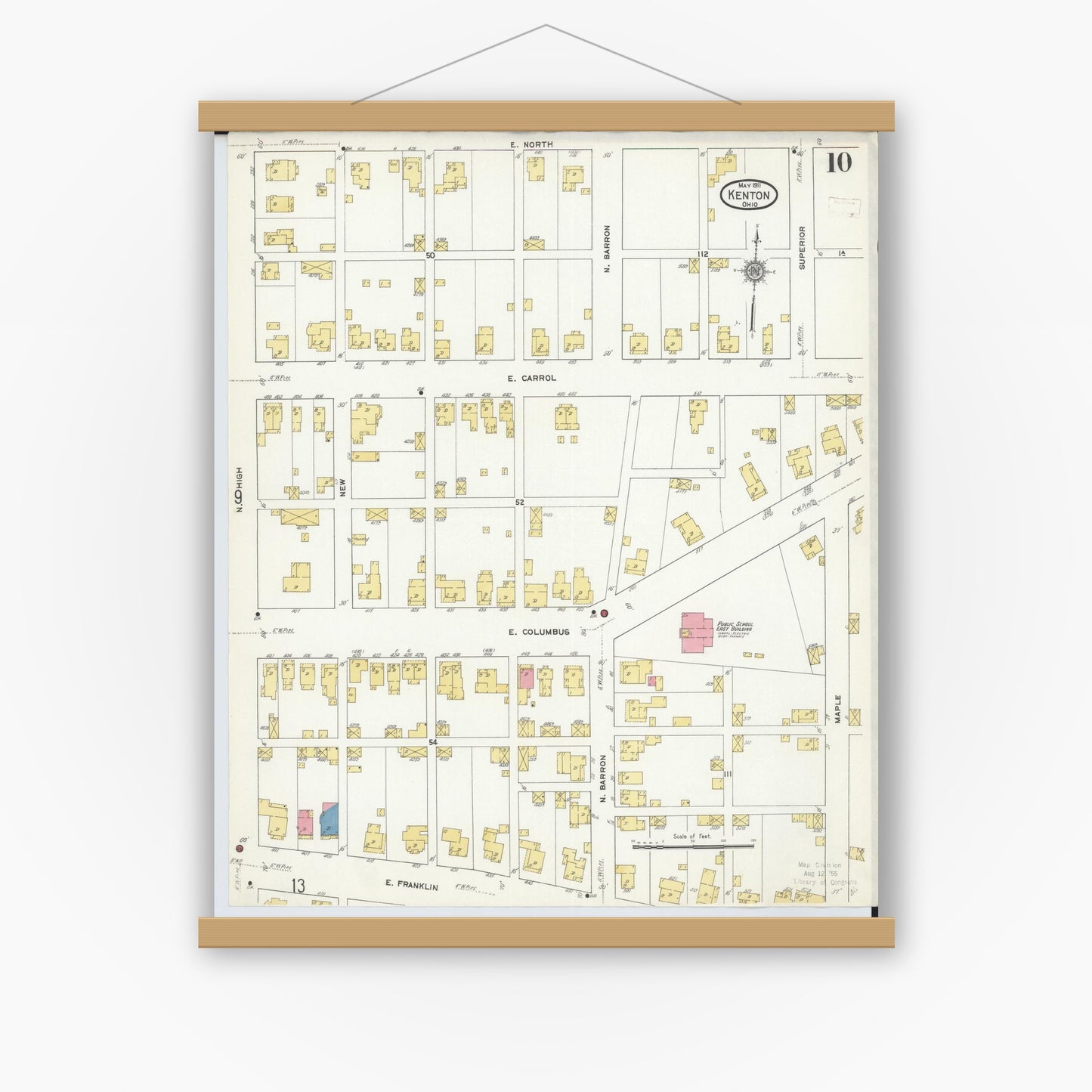 Old map wall art mockup — magnetic wood frame on white wall — Sanborn Fire Insurance Map from Kenton, Hardin County, Ohio (1911), Sheet #0010