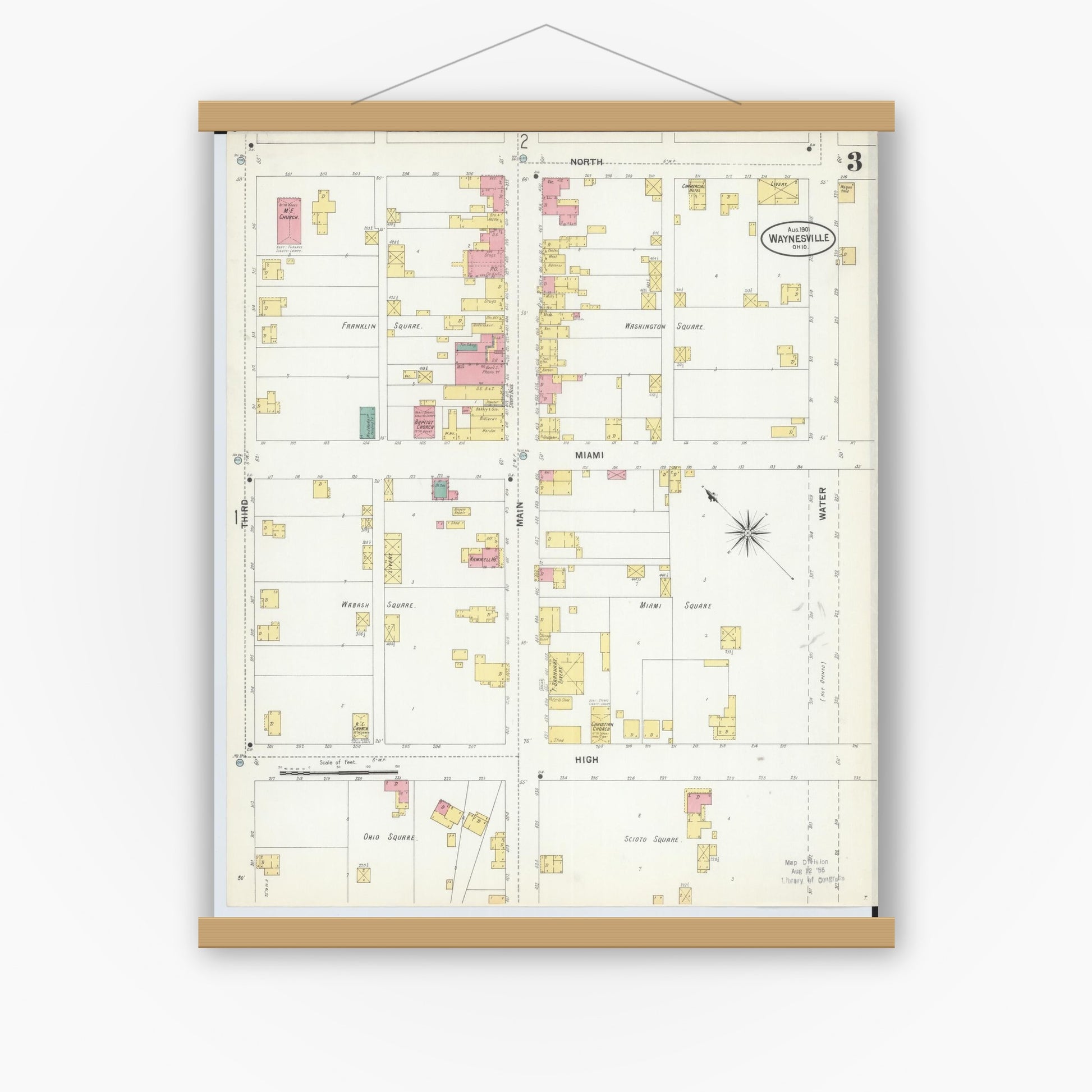 Old map wall art mockup — magnetic wood frame on white wall — Sanborn Fire Insurance Map from Waynesville, Warren County, Ohio (1901), Sheet #0003