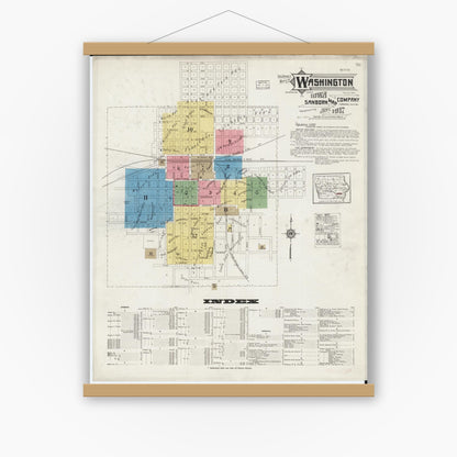 Old map wall art mockup — magnetic wood frame on white wall — Sanborn Fire Insurance Map from Washington, Washington County, Iowa (1917), Sheet #0001