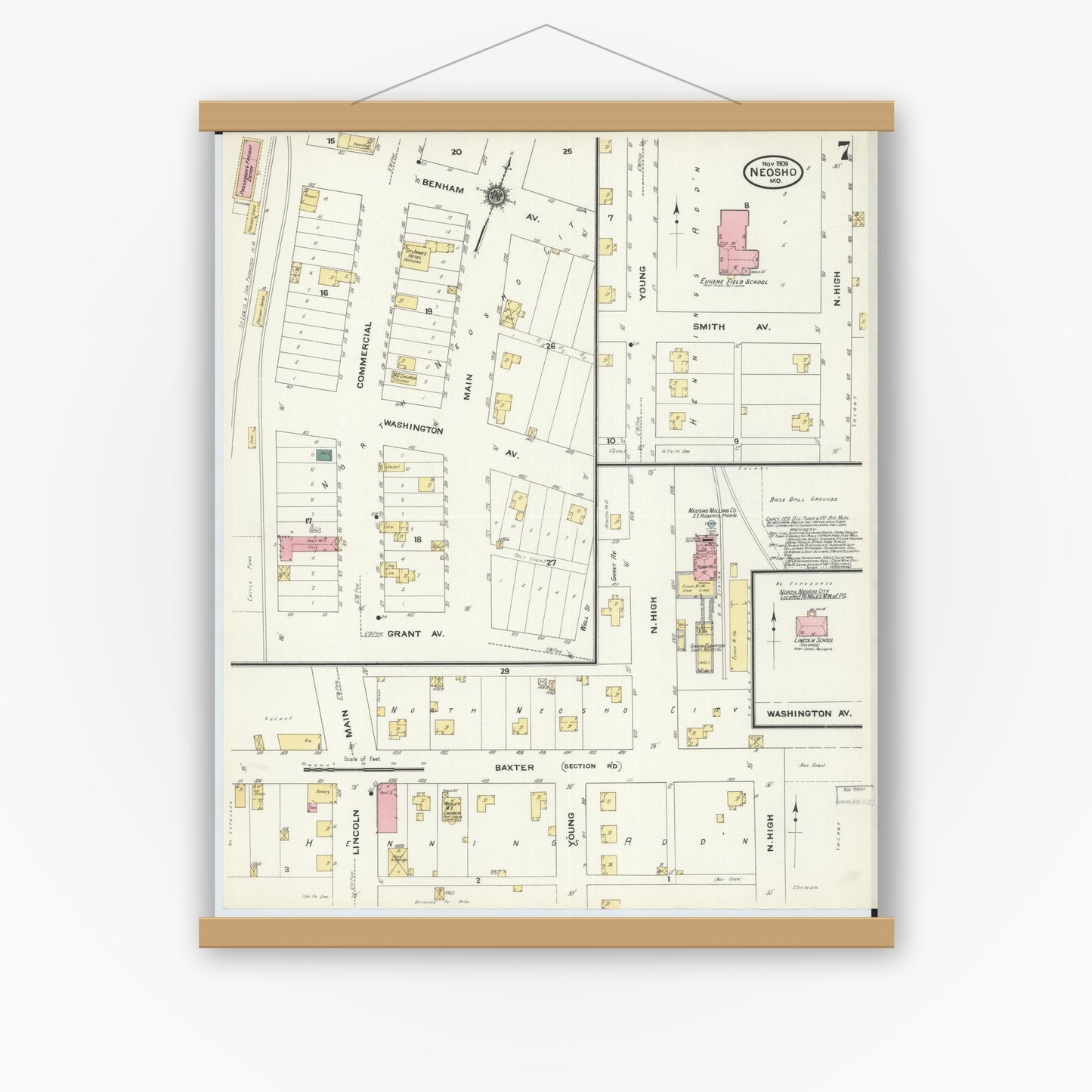 Old map wall art mockup — magnetic wood frame on white wall — Sanborn Fire Insurance Map from Neosho, Newton County, Missouri (1909), Sheet #0007