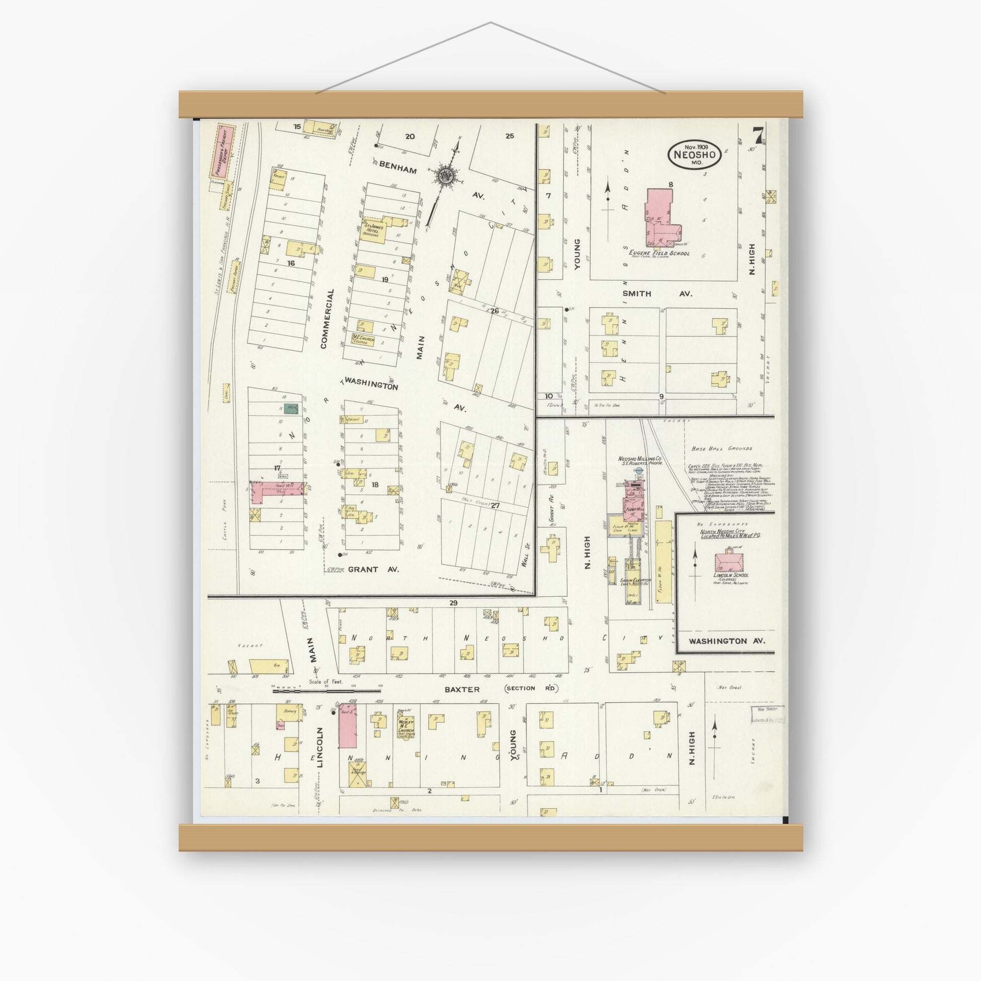 Old map wall art mockup — magnetic wood frame on white wall — Sanborn Fire Insurance Map from Neosho, Newton County, Missouri (1909), Sheet #0007