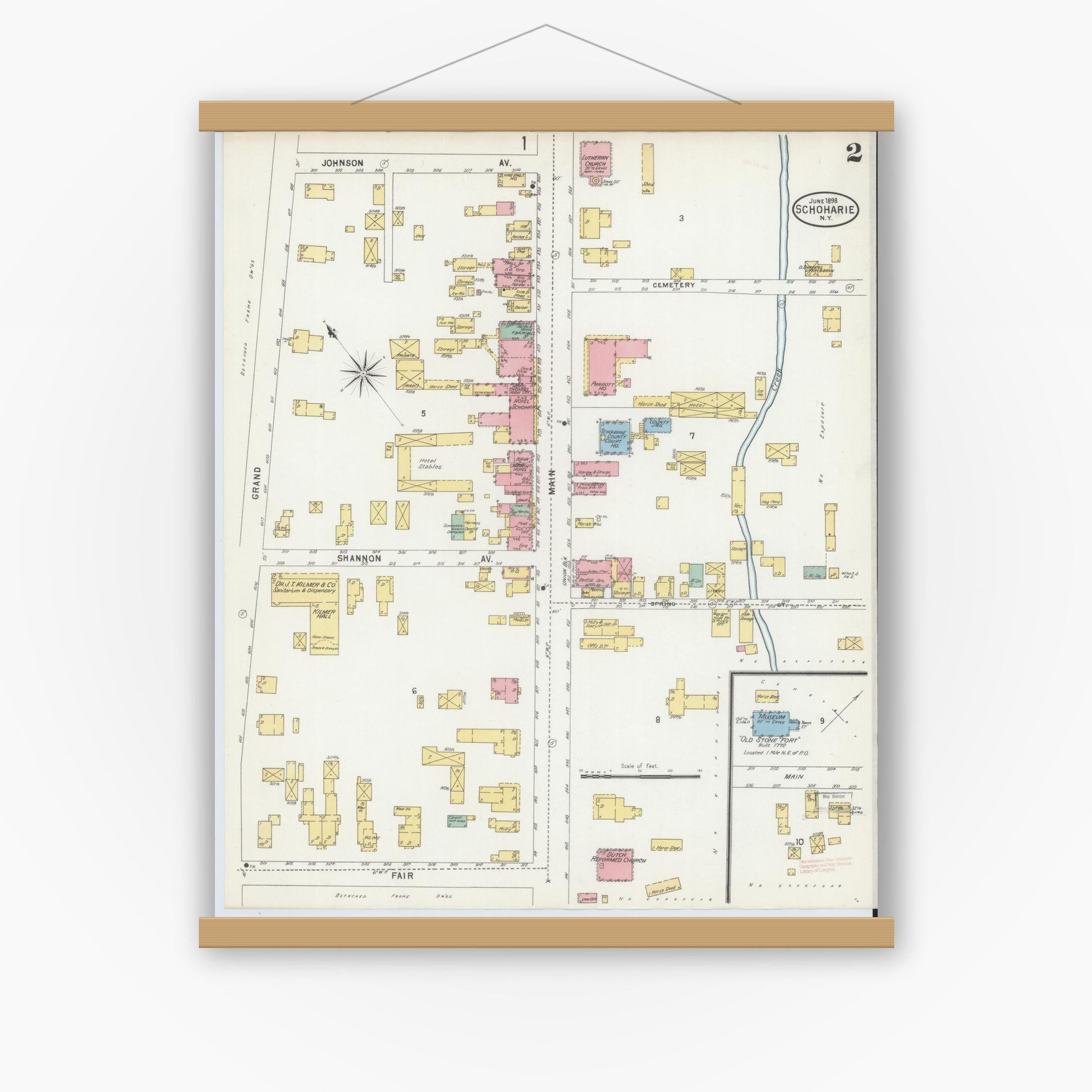 Old map wall art mockup — magnetic wood frame on white wall — Sanborn Fire Insurance Map from Schoharie, Schoharie County, New York (1898), Sheet #0002
