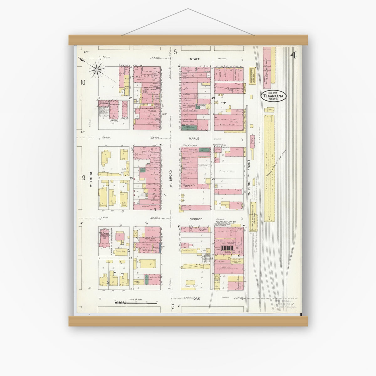Old map wall art mockup — magnetic wood frame on white wall — Sanborn Fire Insurance Map from Texarkana, Bowie County, Texas (1909), Sheet #0004