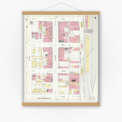 Old map wall art mockup — magnetic wood frame on white wall — Sanborn Fire Insurance Map from Texarkana, Bowie County, Texas (1909), Sheet #0004