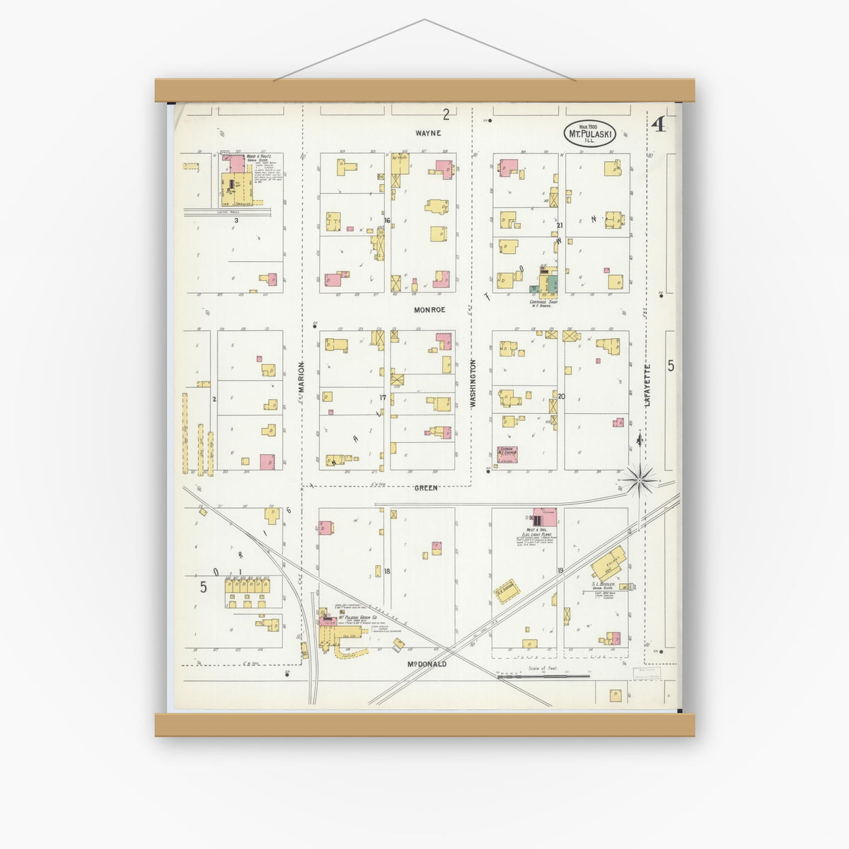 Old map wall art mockup — magnetic wood frame on white wall — Sanborn Fire Insurance Map from Mount Pulaski, Logan County, Illinois (1900), Sheet #0004