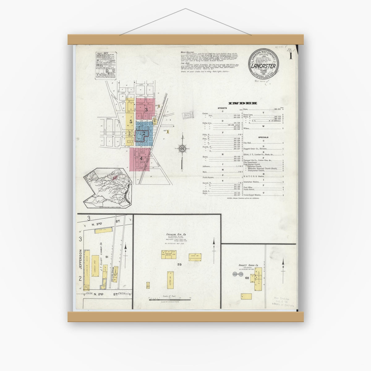 Old map wall art mockup — magnetic wood frame on white wall — Sanborn Fire Insurance Map from Lancaster, Dallas County, Texas (1921) - Complete Map Set