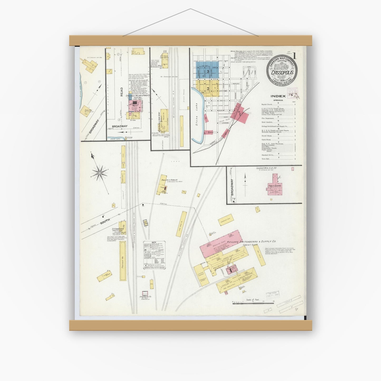 Old map wall art mockup — magnetic wood frame on white wall — Sanborn Fire Insurance Map from Cassopolis, Cass County, Michigan (1909) - Complete Map Set