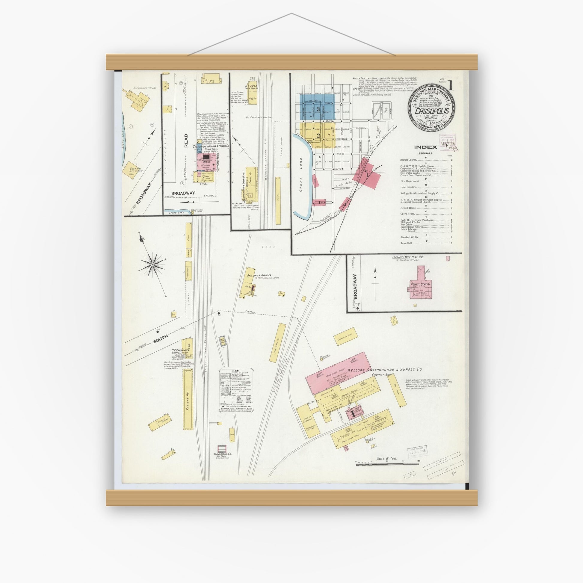 Old map wall art mockup — magnetic wood frame on white wall — Sanborn Fire Insurance Map from Cassopolis, Cass County, Michigan (1909) - Complete Map Set