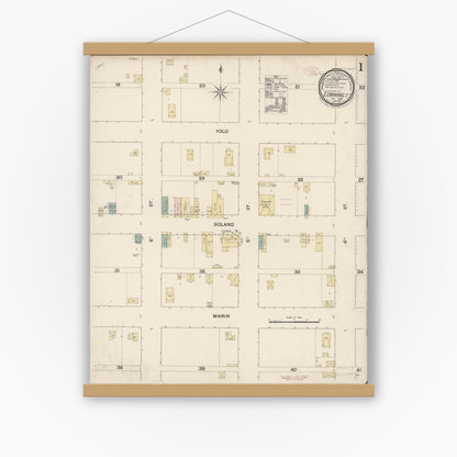 Old map wall art mockup — magnetic wood frame on white wall — Sanborn Fire Insurance Map from Corning, Tehama County, California (1889) - Complete Map Set