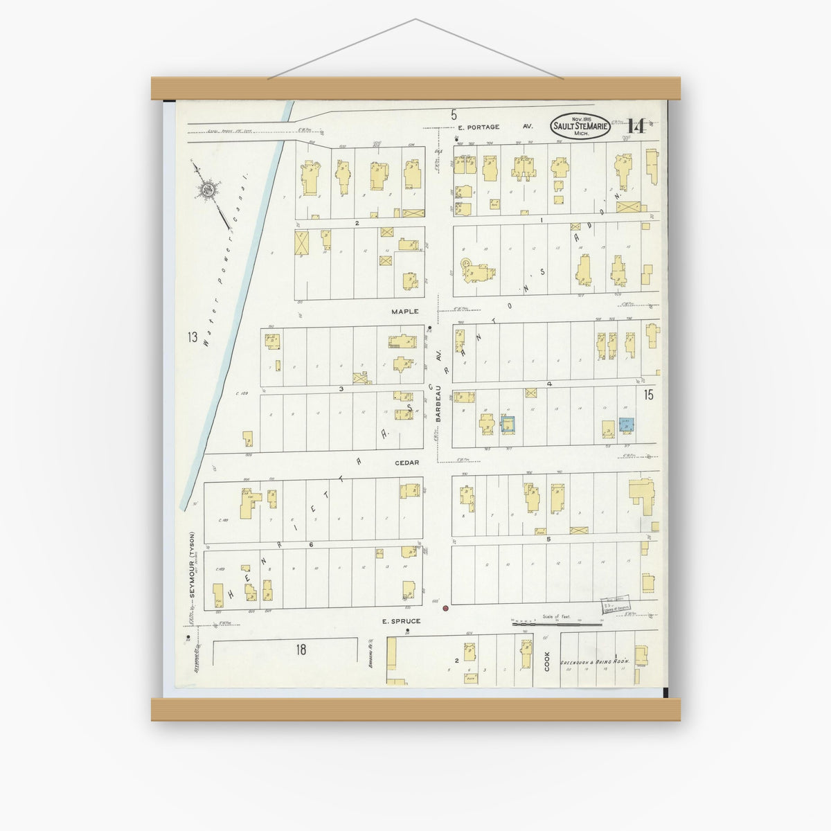 Old map wall art mockup — magnetic wood frame on white wall — Sanborn Fire Insurance Map from Sault Sainte Marie, Chippewa County, Michigan (1915), Sheet #0014
