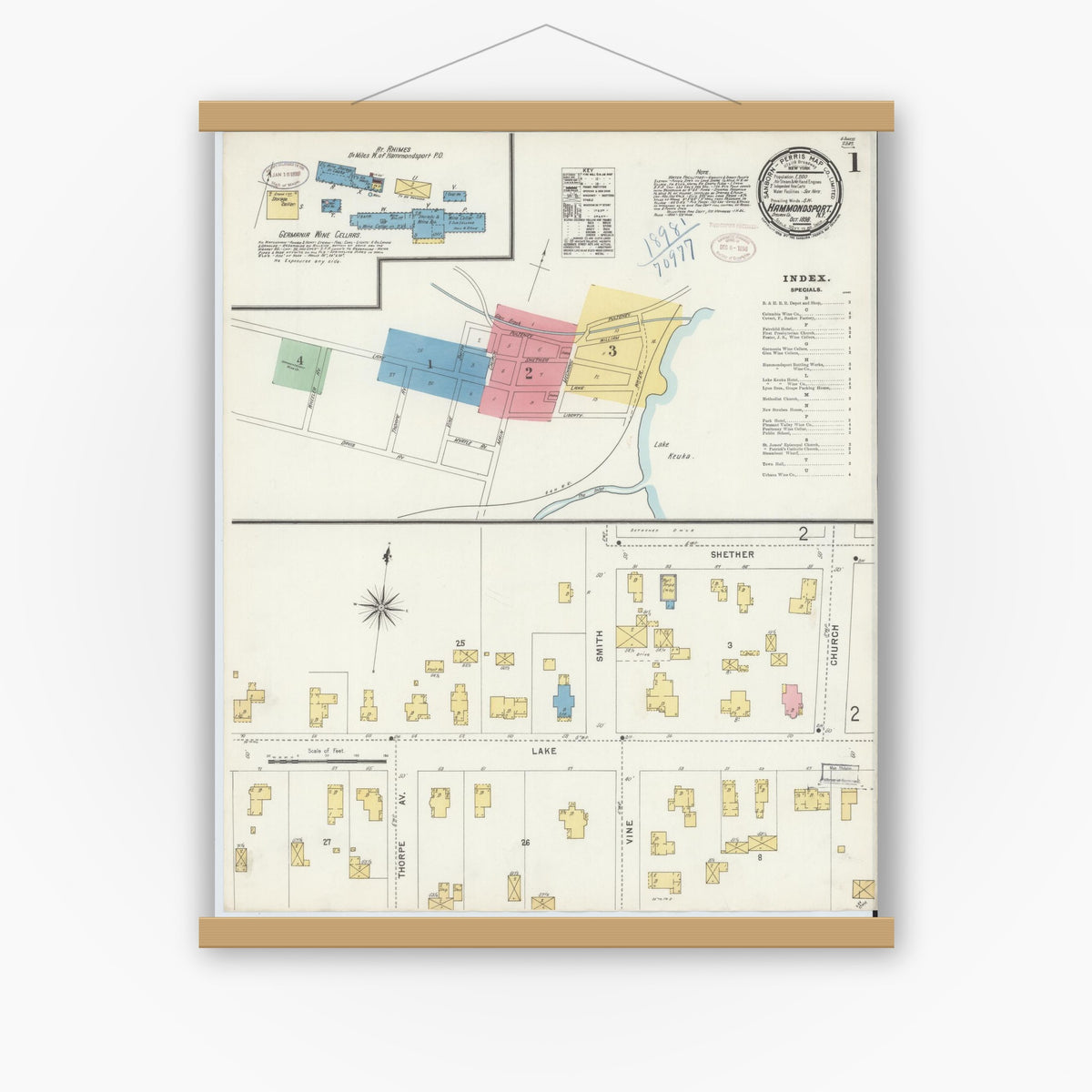 Old map wall art mockup — magnetic wood frame on white wall — Sanborn Fire Insurance Map from Hammondsport, Steuben County, New York (1898) - Complete Map Set
