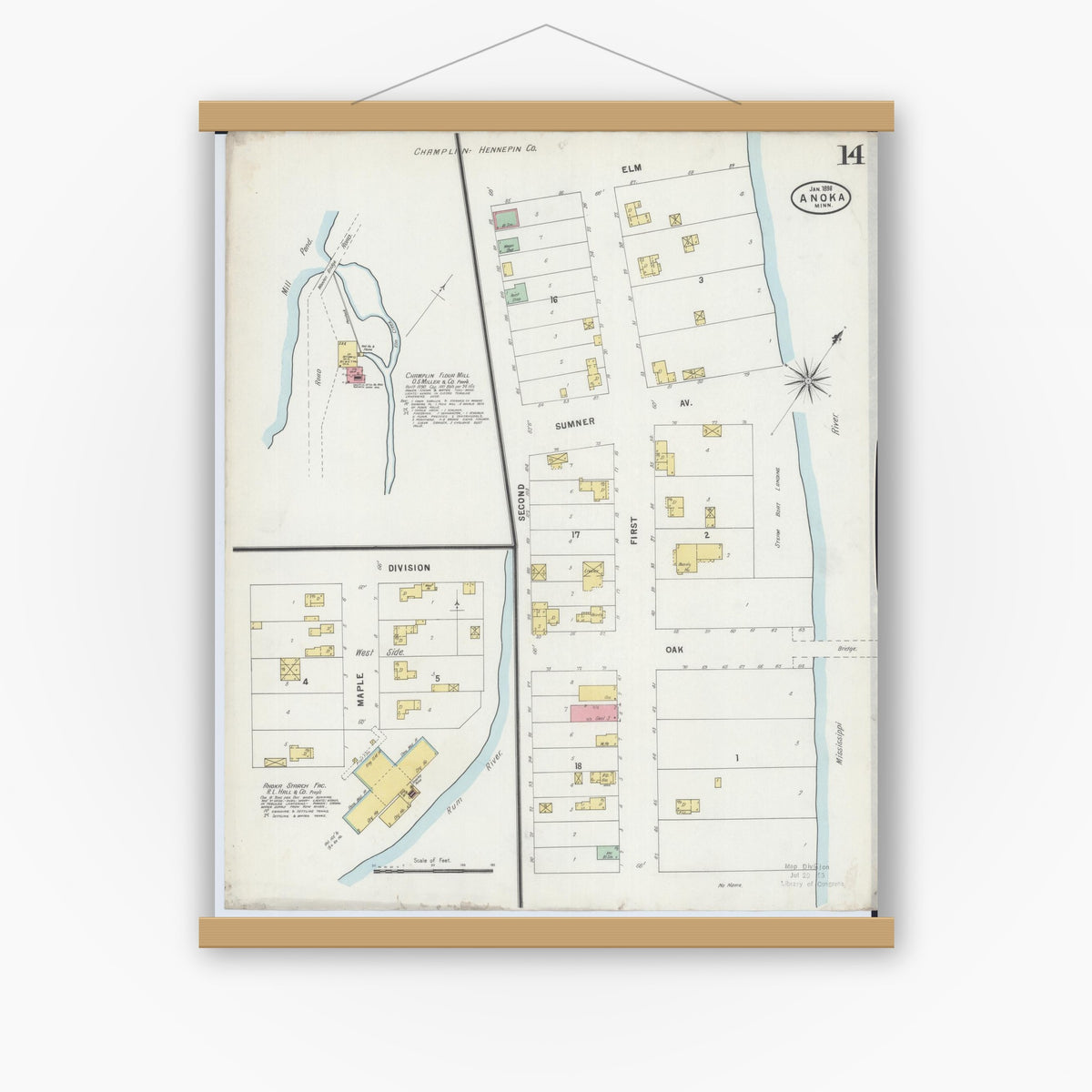 Old map wall art mockup — magnetic wood frame on white wall — Sanborn Fire Insurance Map from Anoka, Anoka County, Minnesota (1898), Sheet #0014