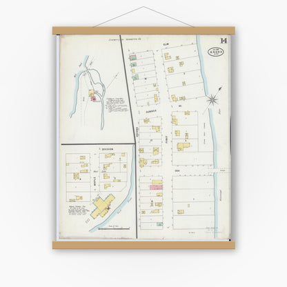 Old map wall art mockup — magnetic wood frame on white wall — Sanborn Fire Insurance Map from Anoka, Anoka County, Minnesota (1898), Sheet #0014