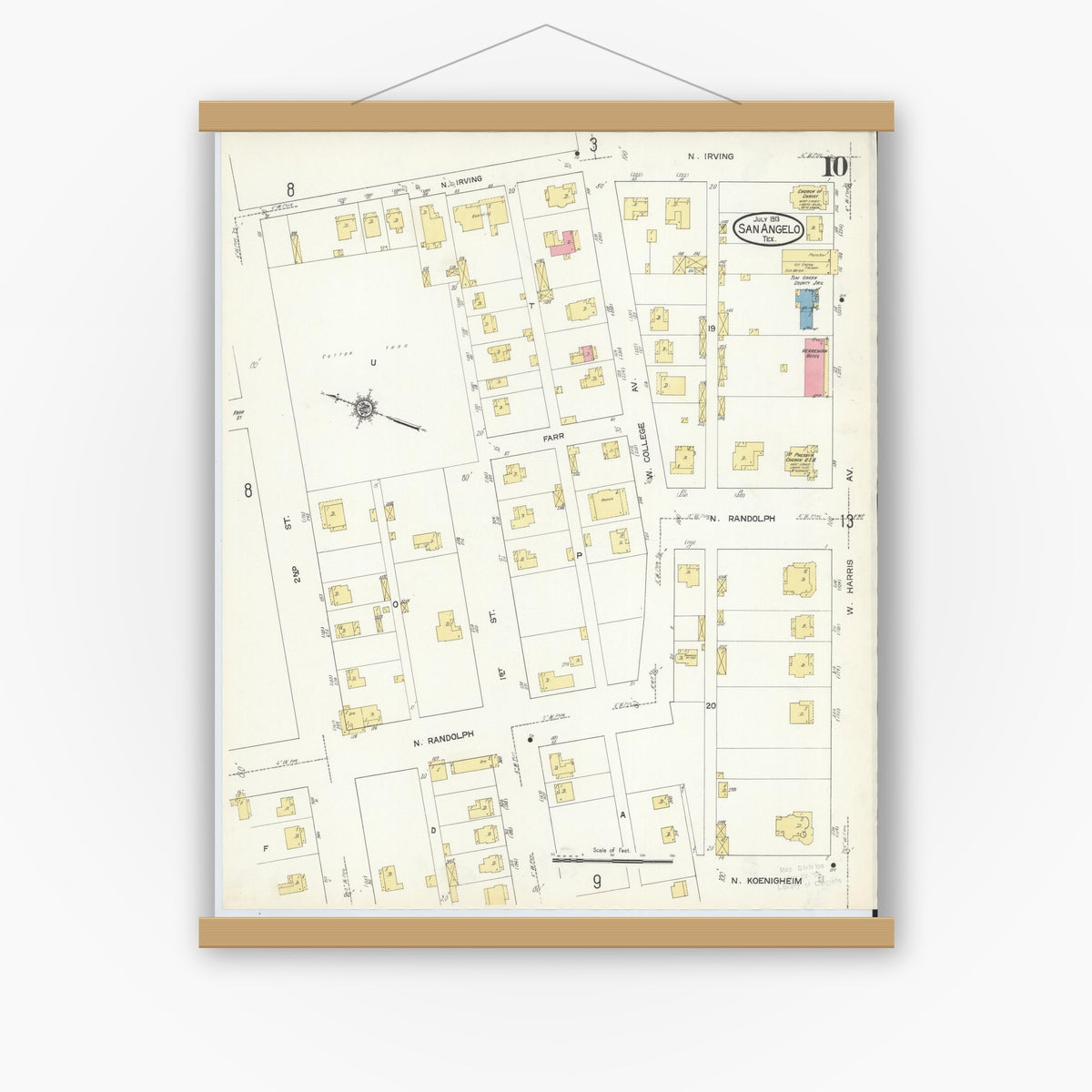Old map wall art mockup — magnetic wood frame on white wall — Sanborn Fire Insurance Map from San Angelo, Tom Green County, Texas (1913), Sheet #0010