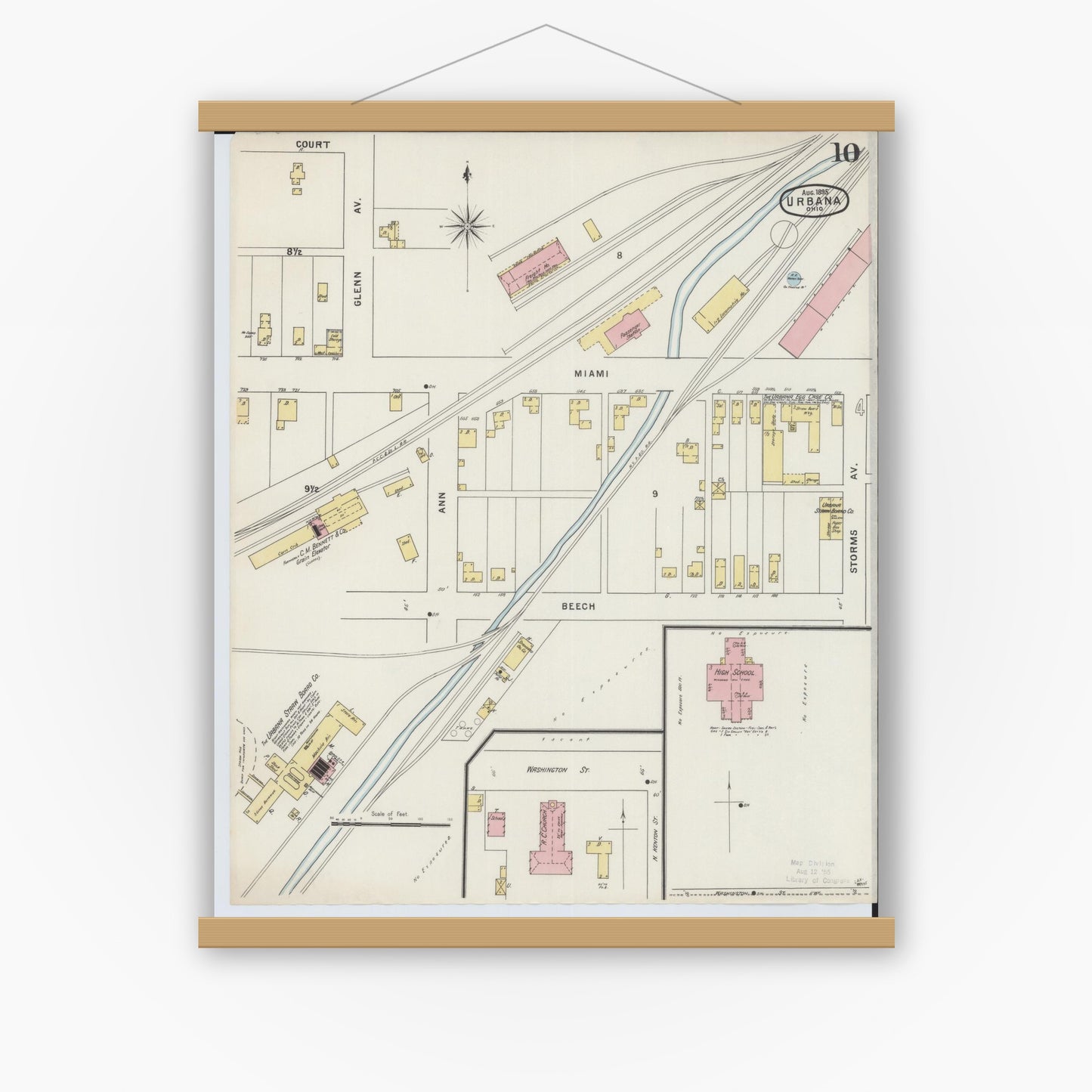 Old map wall art mockup — magnetic wood frame on white wall — Sanborn Fire Insurance Map from Urbana, Champaign County, Ohio (1895), Sheet #0010