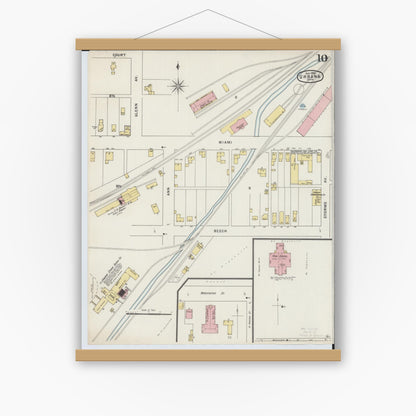 Old map wall art mockup — magnetic wood frame on white wall — Sanborn Fire Insurance Map from Urbana, Champaign County, Ohio (1895), Sheet #0010
