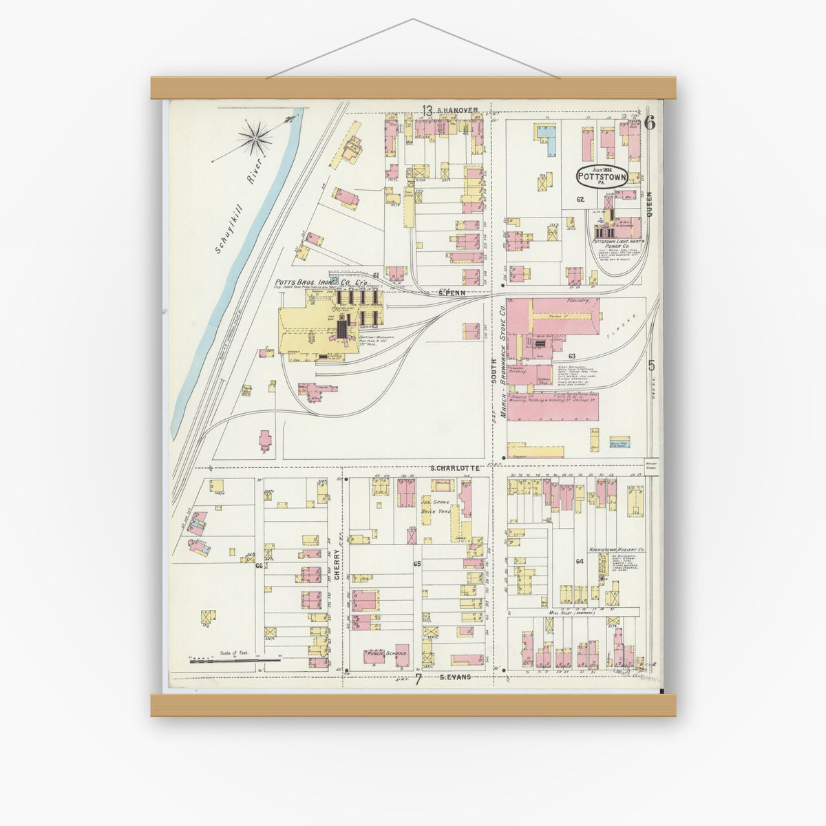 Old map wall art mockup — magnetic wood frame on white wall — Sanborn Fire Insurance Map from Pottstown, Montgomery County, Pennsylvania (1896), Sheet #0006