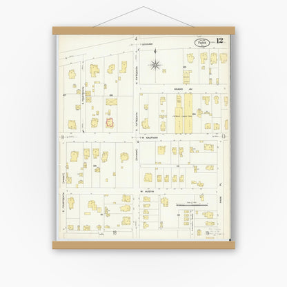 Old map wall art mockup — magnetic wood frame on white wall — Sanborn Fire Insurance Map from Paris, Lamar County, Texas (1908), Sheet #0012